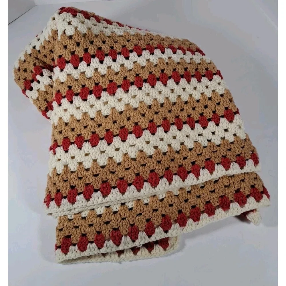 VTG Handmade Crochet‎ Throw Blanket Granny Stitch Tan Cream Red Striped Afghan